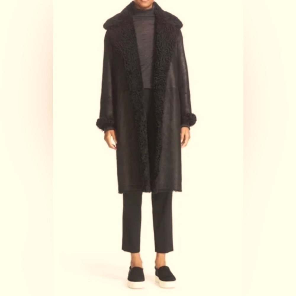 Vince Black Reefer Lamb Shearling Leather Coat